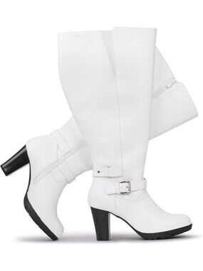 Women's White-Calf High Heel Dress Boots with Ankle Buckle Comfortable Boots